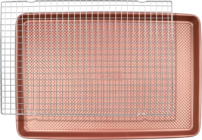 David Burke 17x11 Cookie Sheet with Chrome Cooling Rack – Carbon Steel, PFTE & PFOA Free, Oven Safe, Non-Toxic, Perfect for Baking and Roasting – Rose Gold by David+Burke