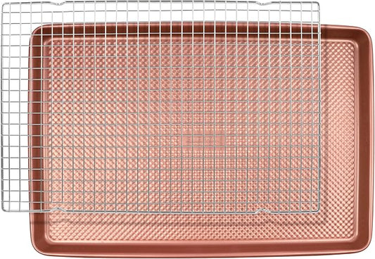 David Burke 17x11 Cookie Sheet with Chrome Cooling Rack – Carbon Steel, PFTE & PFOA Free, Oven Safe, Non-Toxic, Perfect for Baking and Roasting – Rose Gold by David+Burke