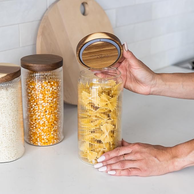 Ribbed Glass Jar with Wooden Lid 16.9oz / 27oz | Airtight Fluted Storage Container for Food, Pasta, Coffee, Candy, Dog Treats, Snacks | Canisters for Home & Kitchen (44 fl.oz / 1300ml -3X) - Image 3