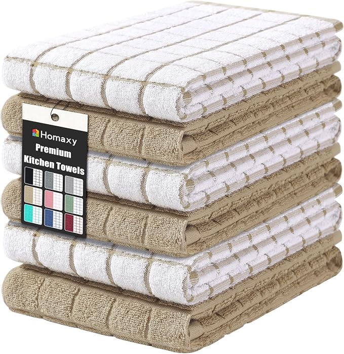 Homaxy Large Premium Cotton Kitchen Towels 16"x 28", 6 Pack, Tan | Natural Ring Spun 390 GSM Dish Towels, Super Absorbent Terry Kitchen Hand Towels, Soft Tea Towels with Hanging Loop by Homaxy