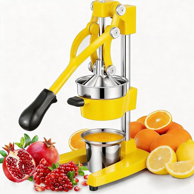 Commercial Heavy Duty Cast Iron Hand Press Manual Orange Citrus Lemon Lime Grapefruit Pomegranate Fruit Juice Squeezer Machine with Stainless Steel Cup Yellow by Gowintech