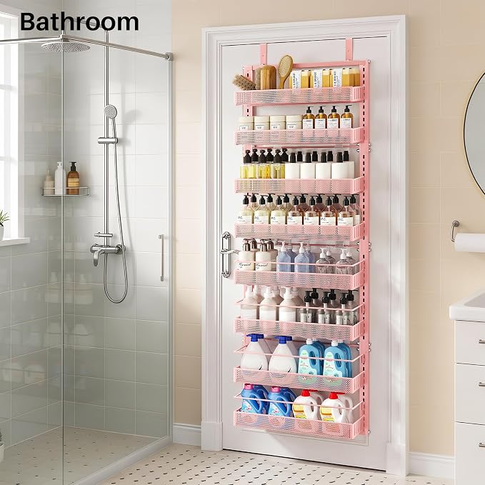SNTD 8 Tiers Over the Door Organizer, 17" W x 6" D x 69" H, Pink | Pantry Door Organizers and Storage, Height Adjustable Spice Rack, Dense Mesh Baskets, Anti-Swing, Adjustable Door Fastener - Image 9