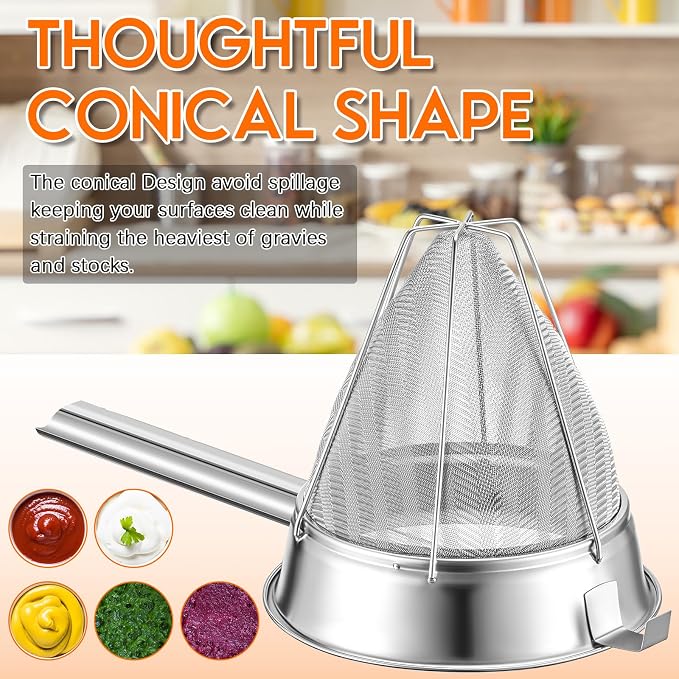 SiliFine 8"Chinois Fine Mesh Strainer Set with Handle and Rubber Pestle | Stainless Steel Reinforced Bouillon Sieve Strainer China Cap Cone Sieve for Sauces, Soups, Broth, Stock, Kitchen Food Cooking - Image 5