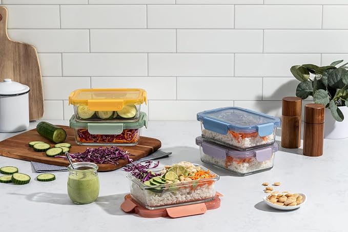 Ello Color Lock Glass Meal Prep Sets Leak-Proof Glass Food Storage Containers with Airtight BPA-Free Plastic Lids, Dishwasher, Microwave, and Freezer Safe - Image 2