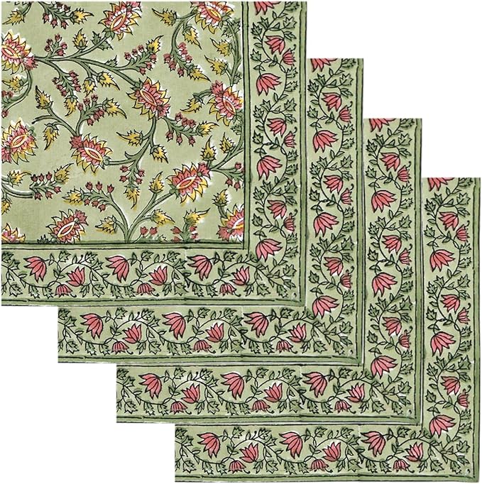 20x20 Inches Cotton Napkins Set of 4, Green Red, Washable Hand Block Printed Reusable Cloth Napkins for Dinning, Party, Wedding, Home Decor Fall - Image 2