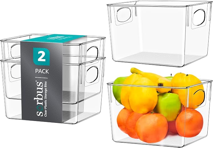 Sorbus Medium Clear Plastic Storage Bins for Shelves, Clothes, with Handle - Clear Storage Bins, Drawer, Shelf, Closet, Pantry, Fridge, Freezer Organizer Bins, Closet Organizers and Storage (2 pack) by Sorbus