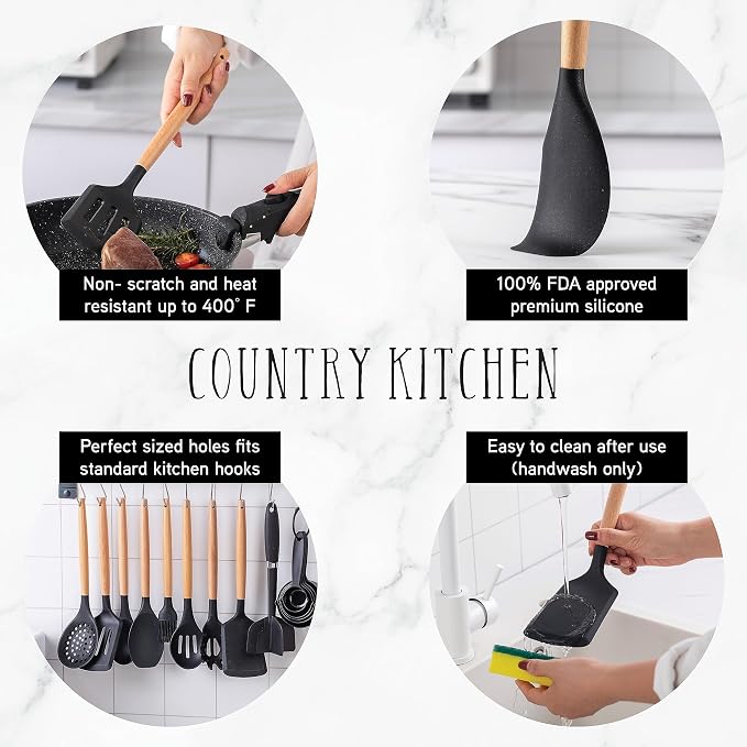 Country Kitchen Non Stick Silicone Utensil Set with Rounded Wood Handles for Cooking and Baking, 38 Piece Set, Black - Image 2