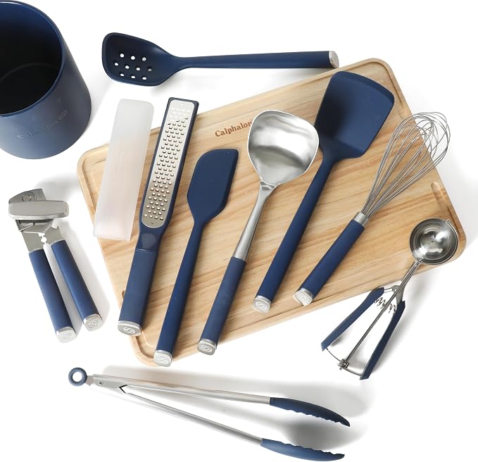 Calphalon Edge 10-Piece Kitchen Utensil Set with Crock, Stainless Steel and Silicone Cooking Tools, Nonstick-Safe Utensils with Comfortable Handles, Navy Blue - Image 3