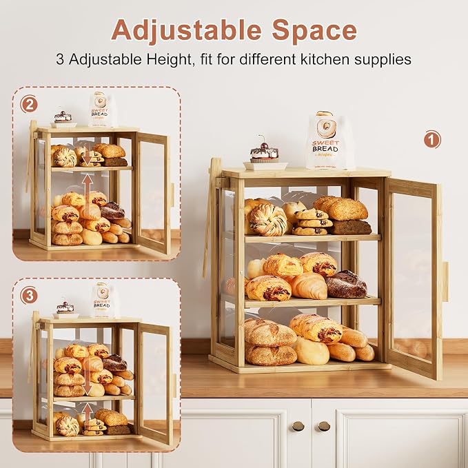 WOWLIVE Bread Box for Kitchen Countertop, 3 Layers Bread Storage Container | Large Bamboo Bread Bin for Homemade Bread with Window, Farmhouse Breadbox Organizer for Kitchen, Cabinet, Natural, Meduim - Image 7