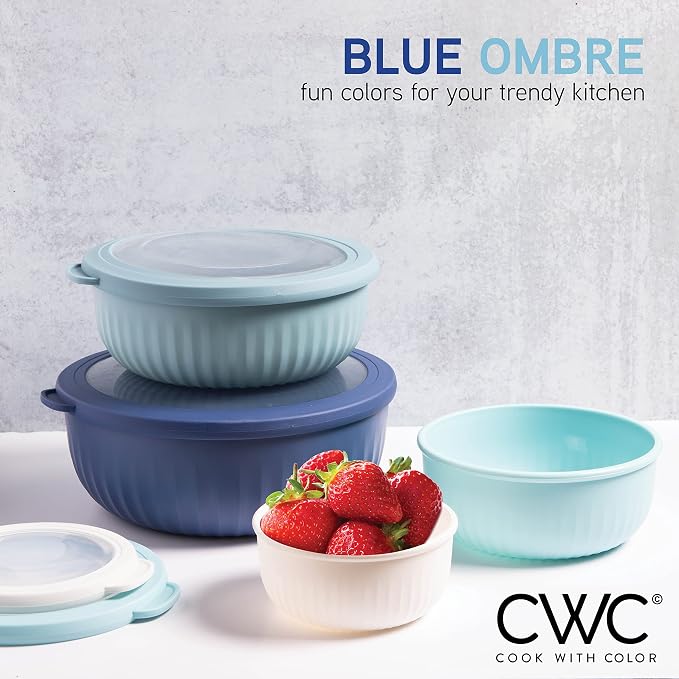 COOK WITH COLOR Prep Bowls with Lids- Wide and Deep Nesting Plastic Small Mixing Bowl Set with Lids, 8 Piece Set - Wide Bowls, Blue - Image 3