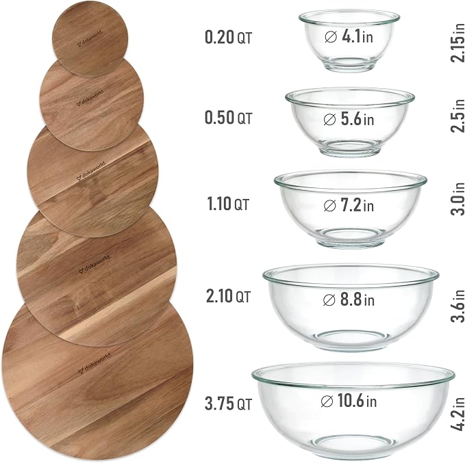 Set of 5 Nesting Glass Bowls with New Updated Acacia Lids for Foodprep, Storage, Mixing & Cooking - Microwave & Oven-ready BPA Free Durable Heat Resistant Inert Borosilicate Glass - Image 5