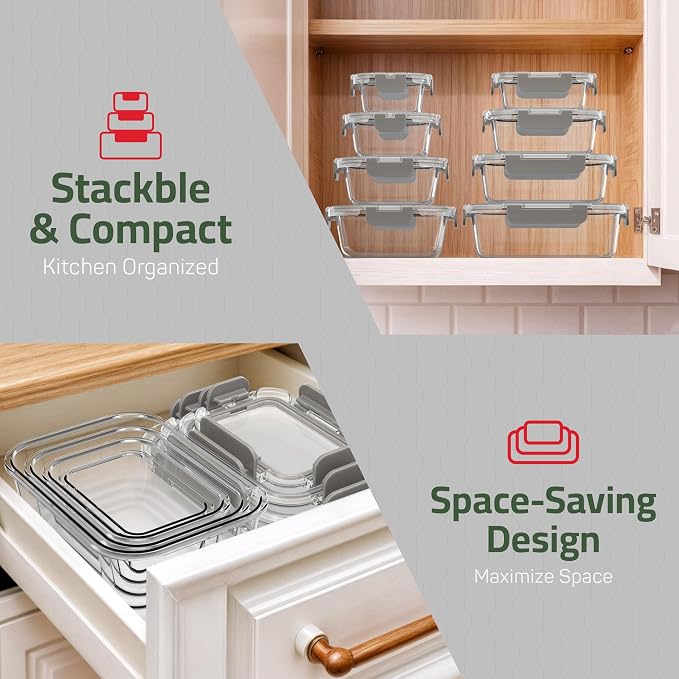 Emporio Kitchen Borosilicate Glass Food Storage Containers with Lids 24 Pieces, BPA-Free Stackable Lunch & Leftover Containers, Microwave, Freezer & Dishwasher Safe, 100% Airtight Leak-Proof, Gray - Image 9