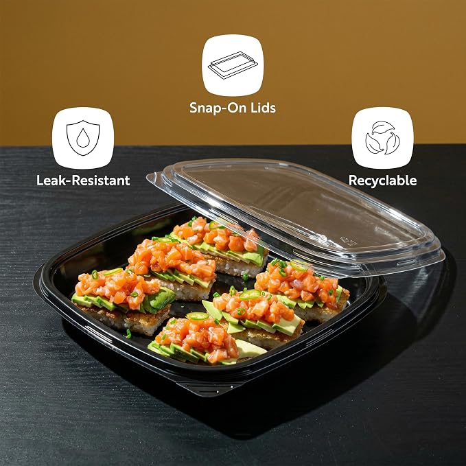 Restaurantware Plastic Sushi Trays 100 Pack of 10.6 x 10.6 x 1.77 Inch With Clear Lids Leak-Resistant Sushi Take Out Boxes Stackable Containers For Grab-And-Go - Image 4