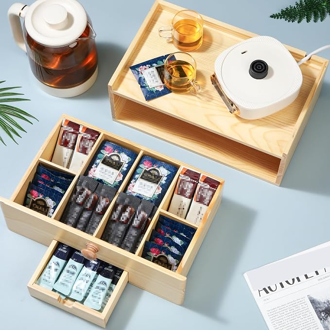 Cinnvoice Tea Bag Organizer Wood Tea Organizer Storage Box 8 Compartments Container Holder with Lid to Storage and Keep Fresh(Brown) - Image 2