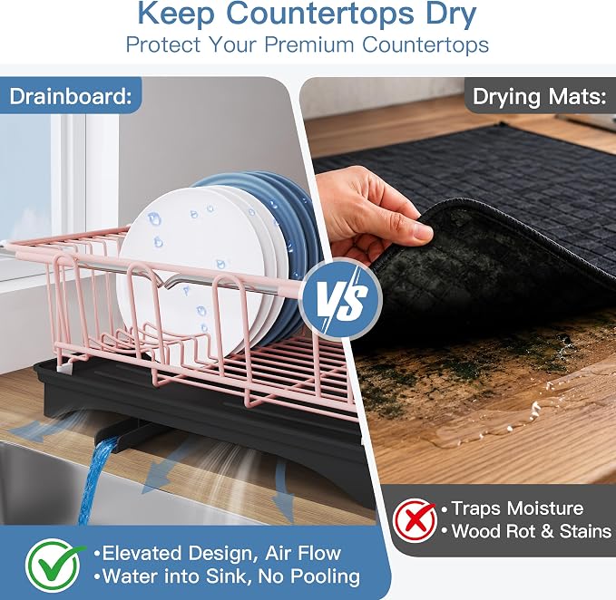 JASIWAY Pink Dish Drying Rack in Sink with Drainboard and Utensil Holder | Use Over the Sink or Counter, Stainless Steel Expandable Dish Drainer for Small Kitchen, Space Saving, Fast Drain, Rustproof - Image 4