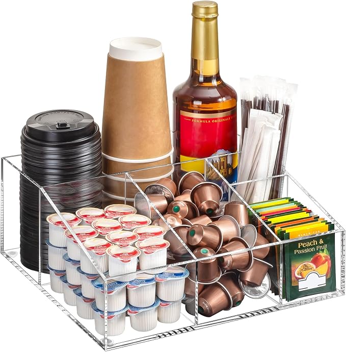 BEYGORM Acrylic Coffee Bar Station Organizer for Countertop | Coffee Gift for Coffee Lovers, Office Breakroom Storage Holder for Kcup Pod, Condiment, Cup, Tea, Creamer, Syrup (Clear) by BEYGORM