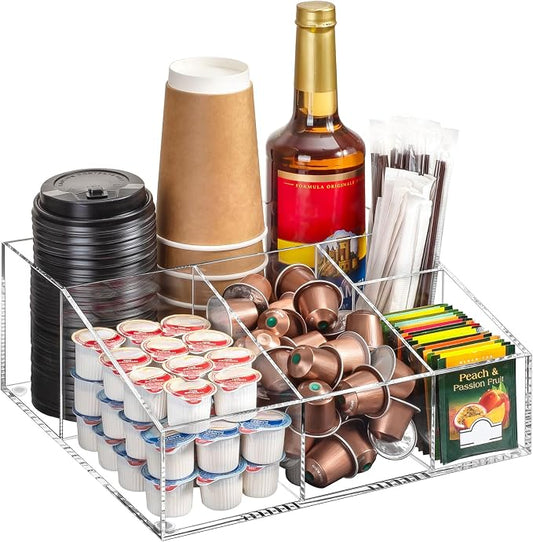 BEYGORM Acrylic Coffee Bar Station Organizer for Countertop | Coffee Gift for Coffee Lovers, Office Breakroom Storage Holder for Kcup Pod, Condiment, Cup, Tea, Creamer, Syrup (Clear) by BEYGORM