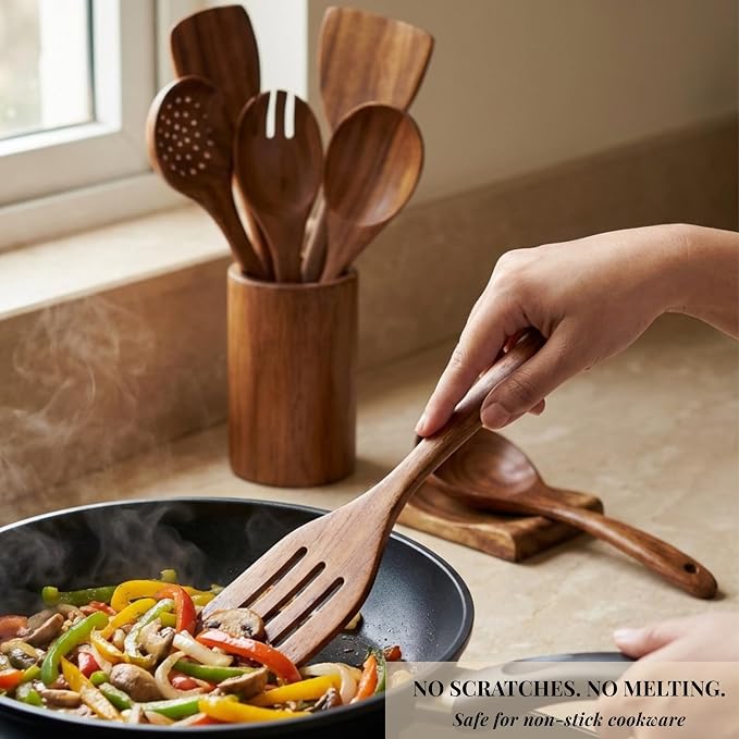 9 Piece Teak Wooden Spoons, Spatula & Ladle Set, Non-Stick Safe, Food Grade | Set of 7 Versatile Wood Spatula for Cooking & Serving, Includes Utensil Holder & Spoon Rest, Modern Kitchen Utensils & Tools - Image 2