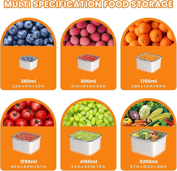 Fruit Storage Containers for Fridge - 6 PCS Poduce Containers for Fridge - Berry Containers for Fridges with Removable Drain Basket - Keep Fruit Lettuce Berry Vegetables Meat Food Stay Fresher Longer - Image 2
