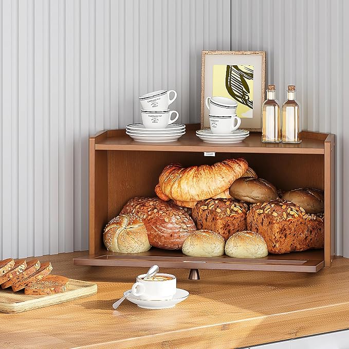 Trironsun Corner Bamboo Bread Box for Kitchen Counter Large Rustic Bread Storage Container with Acrylic Door Space-Saving Vintage Bread Keeper for Homemade Bread (Brown) - Image 3