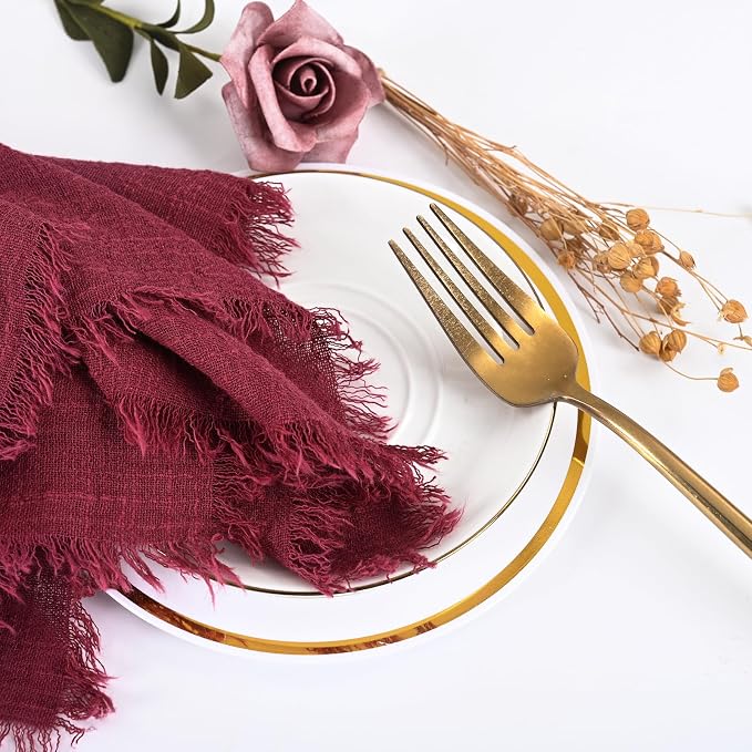 36 Pack Burgundy Cloth Napkins, 16 x 16 Inch Cotton with Fringe Settings | Handmade washable reusable cotton dinner napkins in bulk for weddings, parties, rustic boho table settings - Image 9