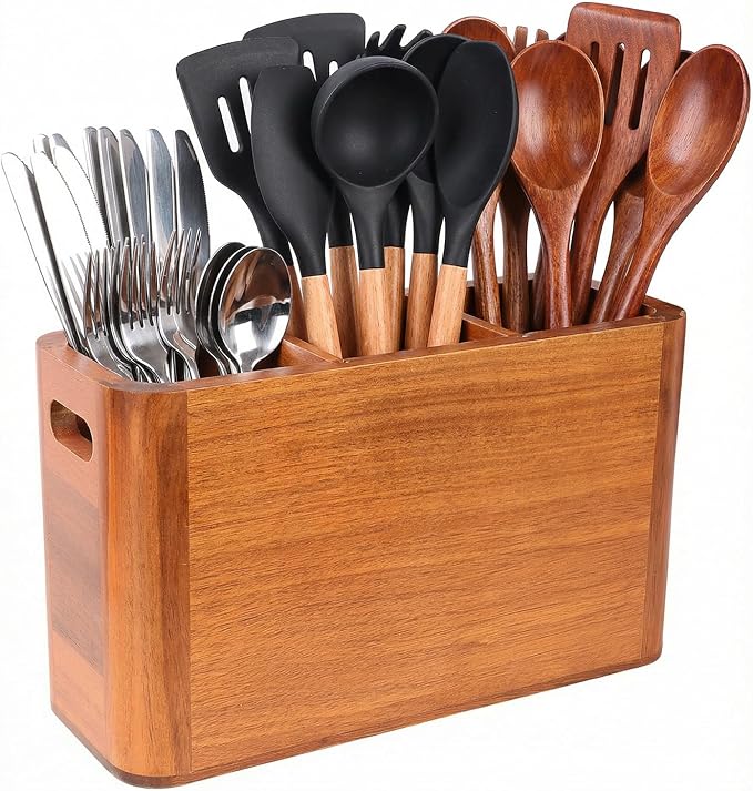Kitchen Utensil Holder for Counter and Countertop, Acacia Utensil Organizer for Wooden Spoon Set, Large Drying Holder for Kitchen, 3-Compartment Storage for Cooking Utensils, Kitchen Decor by powerfulxishan