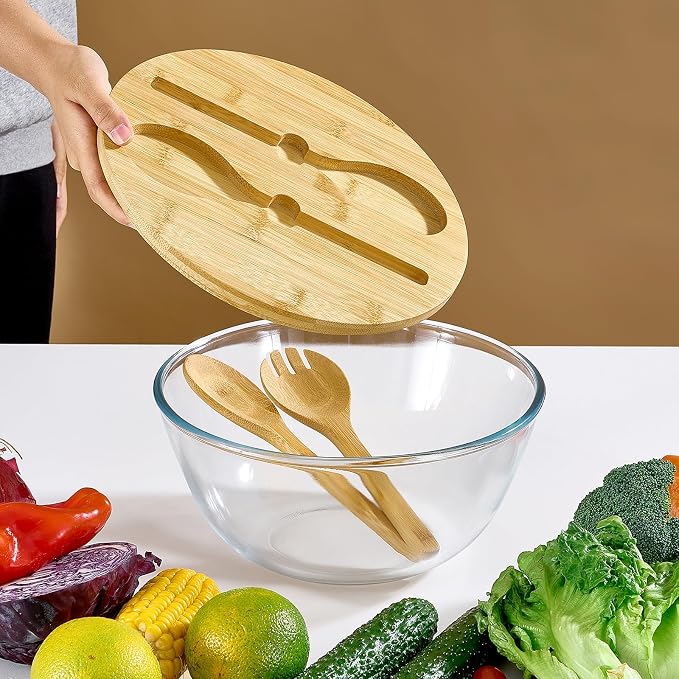 JOYMAY Glass Salad Bowl, 10.7inch Salad Bowl with Lid Thick Glass Mixing Bowls Serving Bowls, 4.7 Quart Large Salad Bowls with Bamboo Utensils, Trifle Bowl Fruit Bowl for Salad, Pasta, Microwave Safe - Image 4