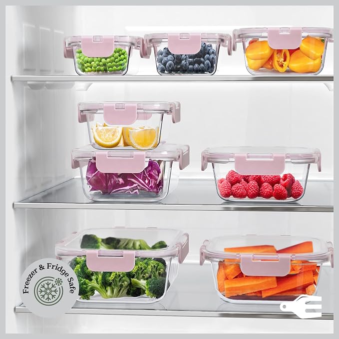 Emporio Kitchen Borosilicate Glass Food Storage Containers with Lids 24 Pieces, BPA-Free Stackable Lunch & Leftover Containers, Microwave, Freezer & Dishwasher Safe, 100% Airtight Leak-Proof, Pink - Image 10
