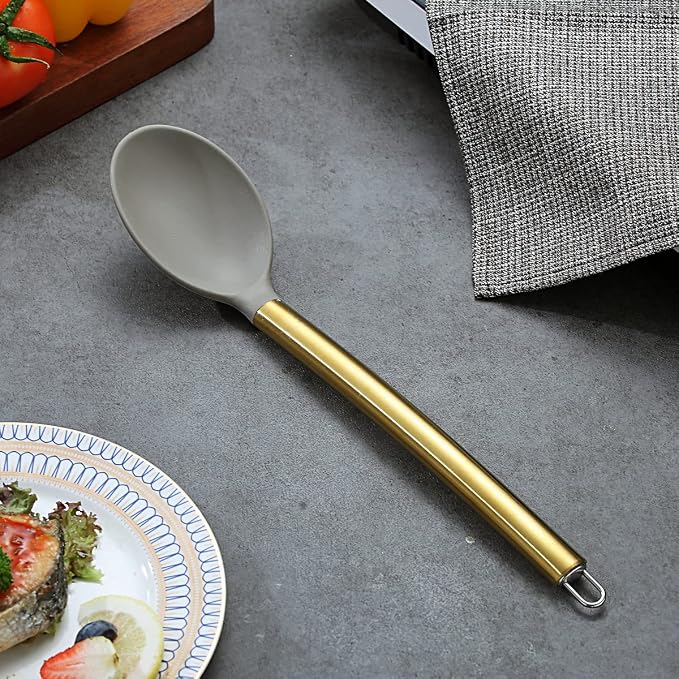 Berglander Non-stick Silicone Solid Serving Spoon, Titanium Gold Plating handle, Basting Spoon, Dishwasher Safe, Easy to Clean - Image 2