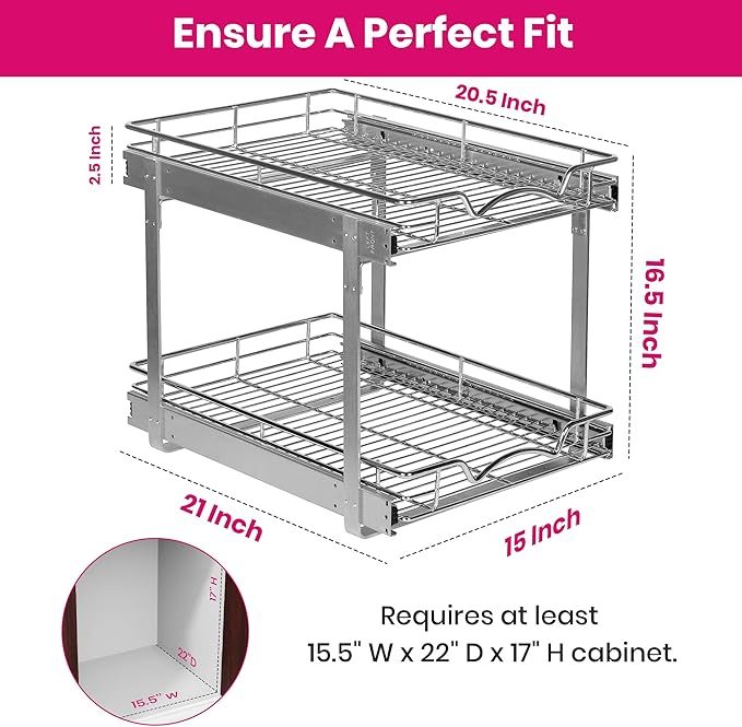 2-Tier Pull-Out Cabinet Organizer for Kitchen, 15" W x 21”D x 16.5" H | Full-Extension Sliding Shelves, Holds 100 lbs, Easy Install for Kitchen, Pantry & Under Sink Cabinets - Image 3