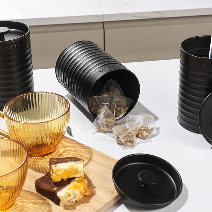 Russell Hobbs RH03268EU7 Ribbed 3-Piece Canister Set – Set of 3 Kitchen Storage Canisters for Tea, Coffee and Sugar, Durable Powder-Coated Steel, Pull Top Lids, Easy to Clean, Ribbed Design, Black - Image 3
