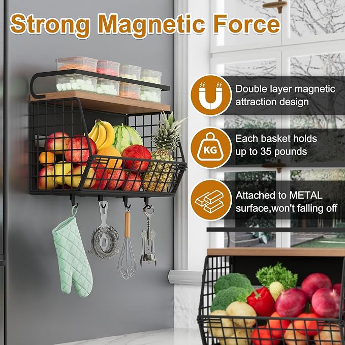 Magnetic Shelf for Fridge,Hanging Wall Basket for Potato Onion Fruit and Vegetable Storage Bins,Large Produce Container Magnetic Spice Rack for Refrigerator Kitchen Counter Pantry,Black - Image 3