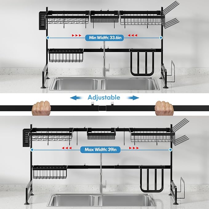 Over The Sink Dish Drying Rack with Utensil and Cup Holder | 2 Tier Stainless Steel,Expandable,Rust Proof Metal,Space Saving,Black Big Capacity Plate Drainer Above Kitchen Counter - Image 6