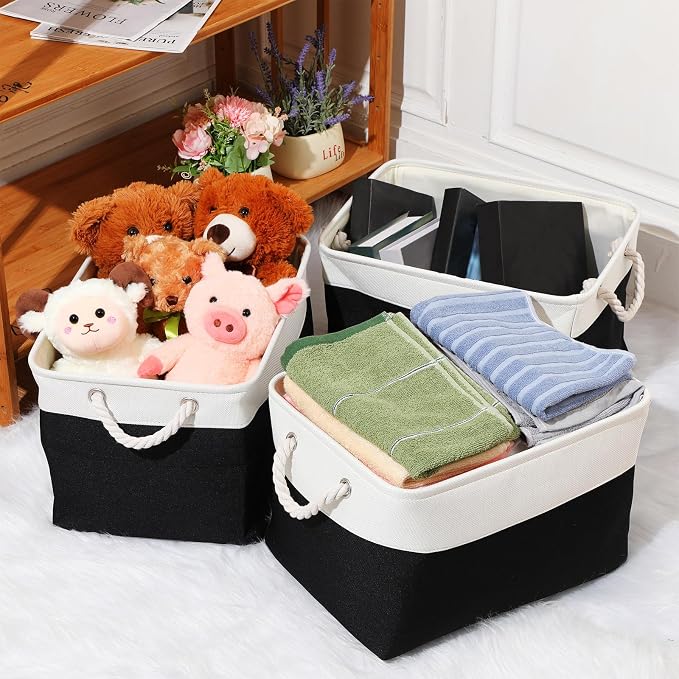 meekoo 8 Pack Collapsible Storage Bins Fabric Storage Bins Polyester Fabric Baskets with Handles Linen Closet Organizer for Shelf Home Closet Towels Toys(15 x 11 x 9.5 in,Black White) - Image 4