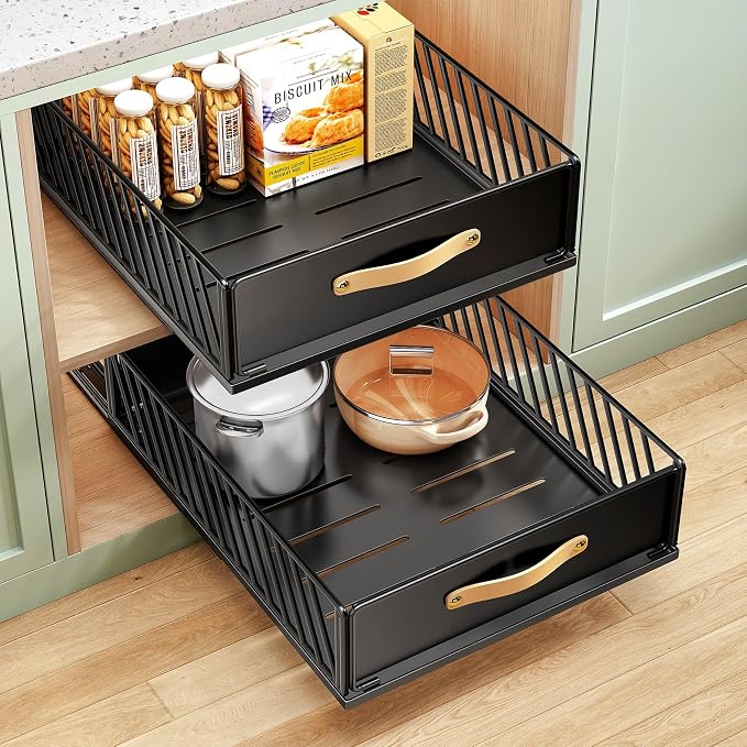Pull out Cabinet Organizer,Heavy Duty Slide out Pantry Shelves Drawer Storage with Adhesive Nano Film,Sliding Mesh Cabinet Basket with Handle for Kitchen, Bathroom, Home, 15.8"W X 21"D X6.2"H,Black by Kitstorack