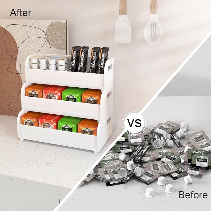 3-Tier Bamboo Tea Box Rack with Removable Dividers, Wall Mount Large Capacity for Pantry Drawer Cabinet Kitchen Office Coffee StationTea Bag Organizer, Stackable Tea Holder for Countertop, White - Image 4