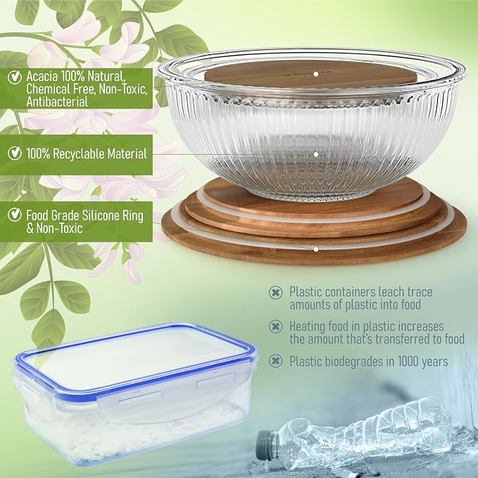 Set of 3 Stackable Space-Saving Nesting Glass Salad Bowls with Acacia Lids for Foodprep, Storage, Baking, Mixing & Cooking - Microwave Safe Durable Inert Borosilicate Glass - Image 5