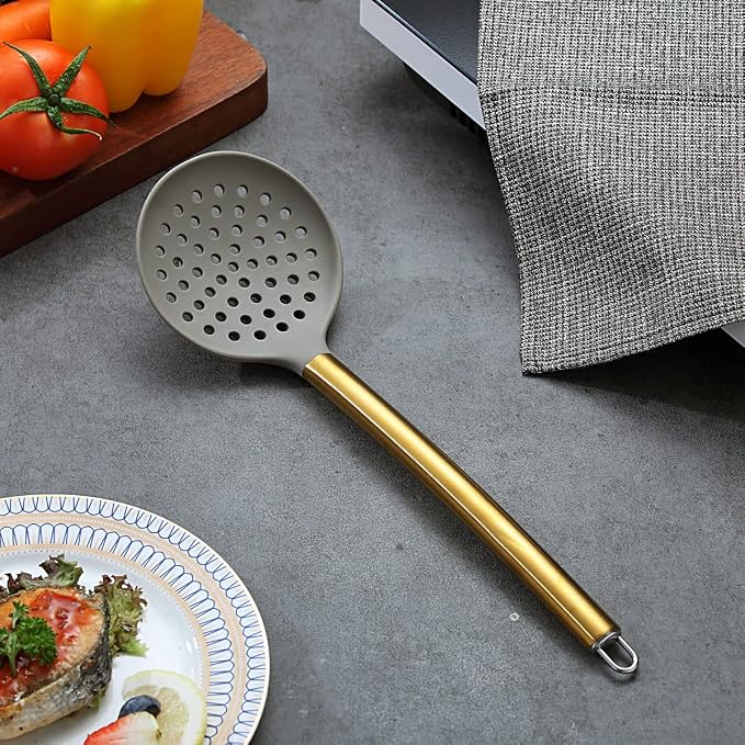 Gold Skimmer, Berglander Non-stick Silicone Strainer With Titanium Gold Plating handle, Kitchen Cooking Skimmers For Non-Stick Cookware, Dishwasher Safe, Easy to Clean - Image 5