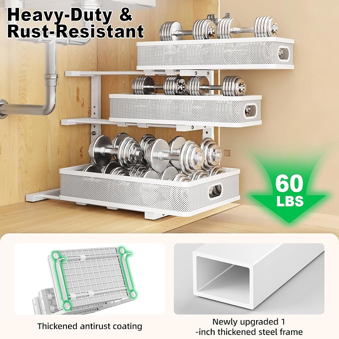 2 Pack Under Sink Organizer,3-Tier White Metal Pull Out Kitchen Cabinet Organizers,Slide Out Undersink Storage Drawers,Under The Sink Organization and Storage, Bathroom Shelves for Pantry,Laundry Room - Image 5