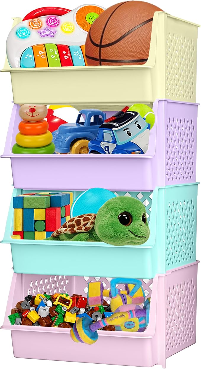 Large Stackable Storage Bins Open Front for Pantry Storage, 4 Pack - Multi | Sturdy Plastic, Easy Stacking, Open Front Access, Ventilated Sides, Vertical & Space Saving Pantry Organizers and Storage Bin by Skywin