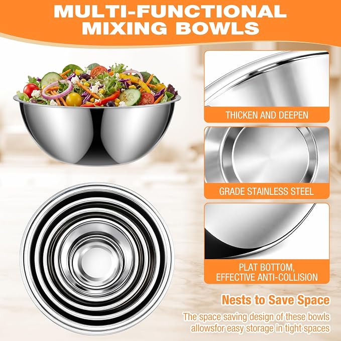 Stainless Steel Mixing Bowls Set - 5-piece Polished Mirror Nesting Bowls 1.25, 2.75, 4.25, 6.25, 8 Quart Thickened Material Ideal for Kitchen, Cooking, Baking and Storage, Deep - Image 3