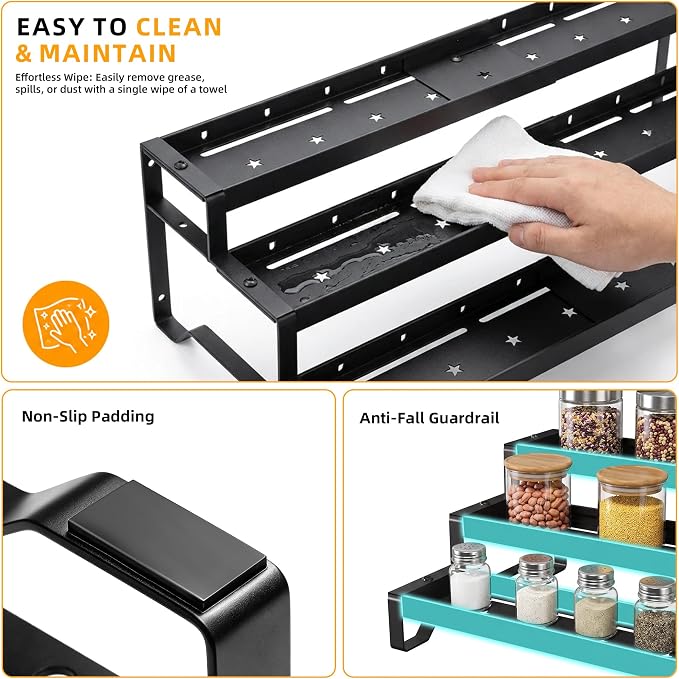 2 Pack Spice Rack Organizer for Cabinet, 13-21.5" Expandable Spicy Shelf | 9.45" Depth 3-Tier Black Metal Seasoning Organizer, Kitchen Spice Organization, Slip-Resistant Guardrails for Jars and Cans - Image 7