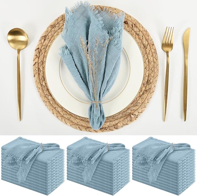 36 Pack Dusty Blue Cloth Napkins, 12 x 12 Inch Cotton with Fringe Settings | Handmade washable reusable cotton dinner napkins in bulk for weddings, parties, rustic boho table settings by FXKS