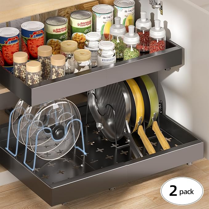 Delamu 16" Deep Pull Out Cabinet Organizer with 6 Dividers, Expandable (11.7 "-20" W) Pull Out Drawers for Cabinets, Cabinet Trays Pull Out for Cabinets in Kitchen, Pantry or Bathroom, Black, 2 Pack - Image 7