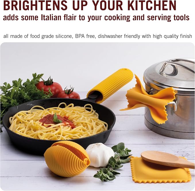 Monkey Business Silicone Kitchen Tools in Gift Box/ 4 Big Pasta shaped kitchen gadgets/Farfalloni Pot Grips, Ravioli Spoon Rest, Conchiglie Lemon Squeezer and Penne Pan Grip/Pasta Grande No. 4 - Image 4