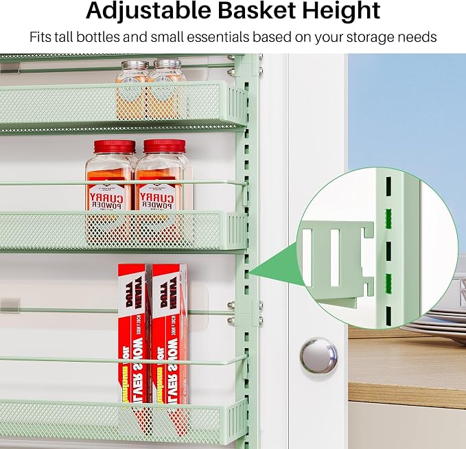 SNTD 8 Tiers Over the Door Organizer, 17" W x 6" D x 69" H, Green | Pantry Door Organizers and Storage, Height Adjustable Spice Rack, Dense Mesh Baskets, Anti-Swing, Adjustable Door Fastener - Image 4