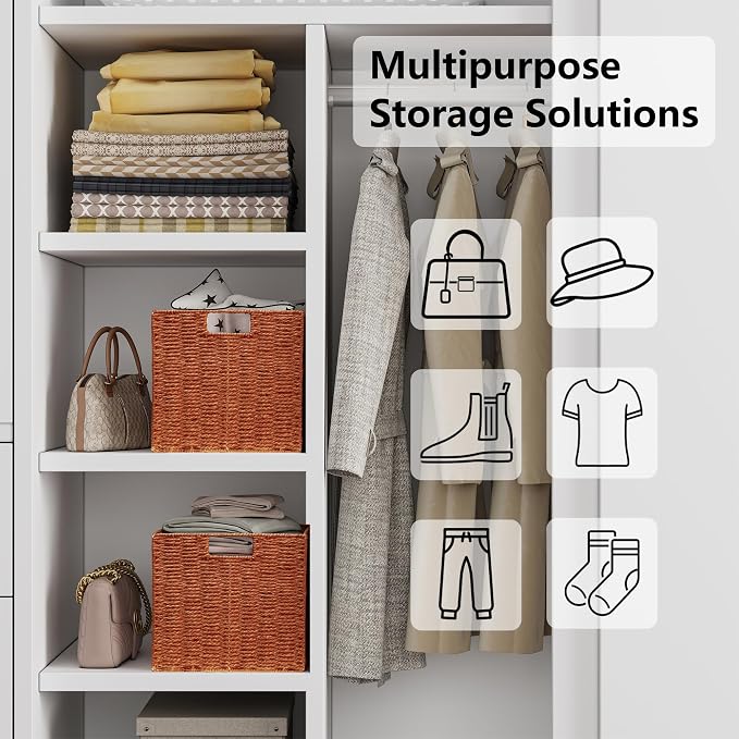 Wicker Storage Basket, Set of 2 Hand-Woven Paper Rope Wicker Baskets, Foldable Cube Storage Bins, 11 inch Storage Basket, Square Baskets for Organizing Shelves & Decor, Orange (11″×11″×11″) - Image 6