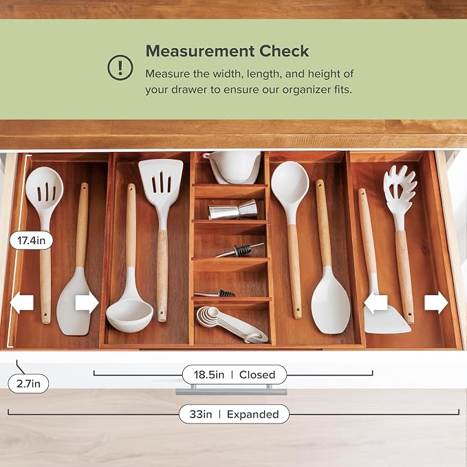 Utensil & Junk Drawer Organizer, 18.5-33 in, Acacia | Food-safe contract grade, 100% sustainable wood, non-slip, adjustable - Image 4
