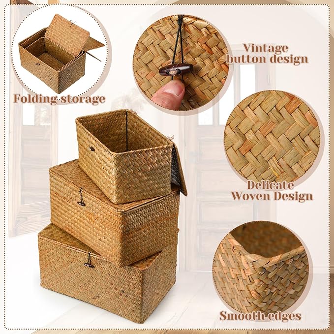 6 Pcs Seagrass Basket with Lid Wicker Storage Decorative Boxes with Lids Bin Woven Organizer for Shelf Closet Bedroom, 6 Sizes(Classic Style,Yellow Brown) - Image 3