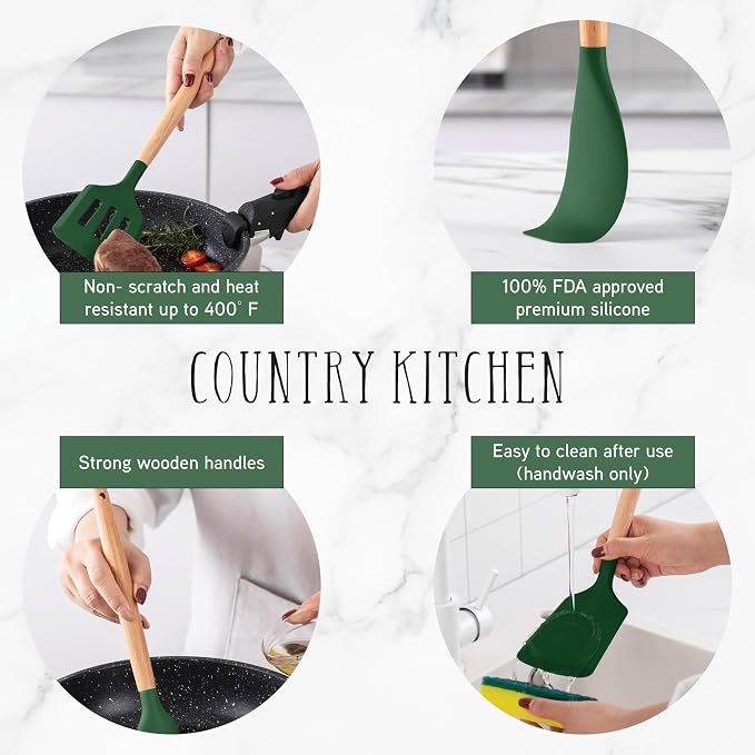Country Kitchen Non Stick Silicone Utensil Set with Rounded Wood Handles for Cooking and Baking, 14 Piece Set, Green - Image 4